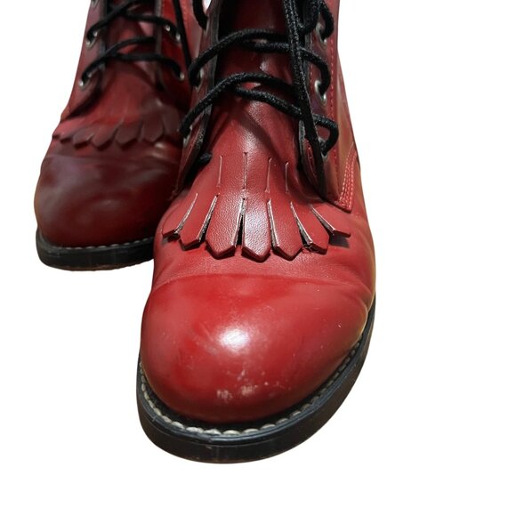 Justin Red Leather Fringe Lace Up Boots Size 7.5 - Picture 5 of 9